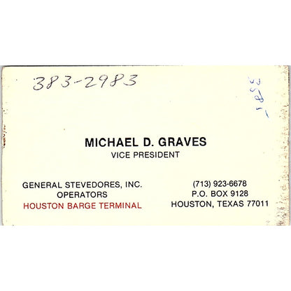 Michael D Graves General Stevedores Inc Houston Vintage Business Card SC9-B4