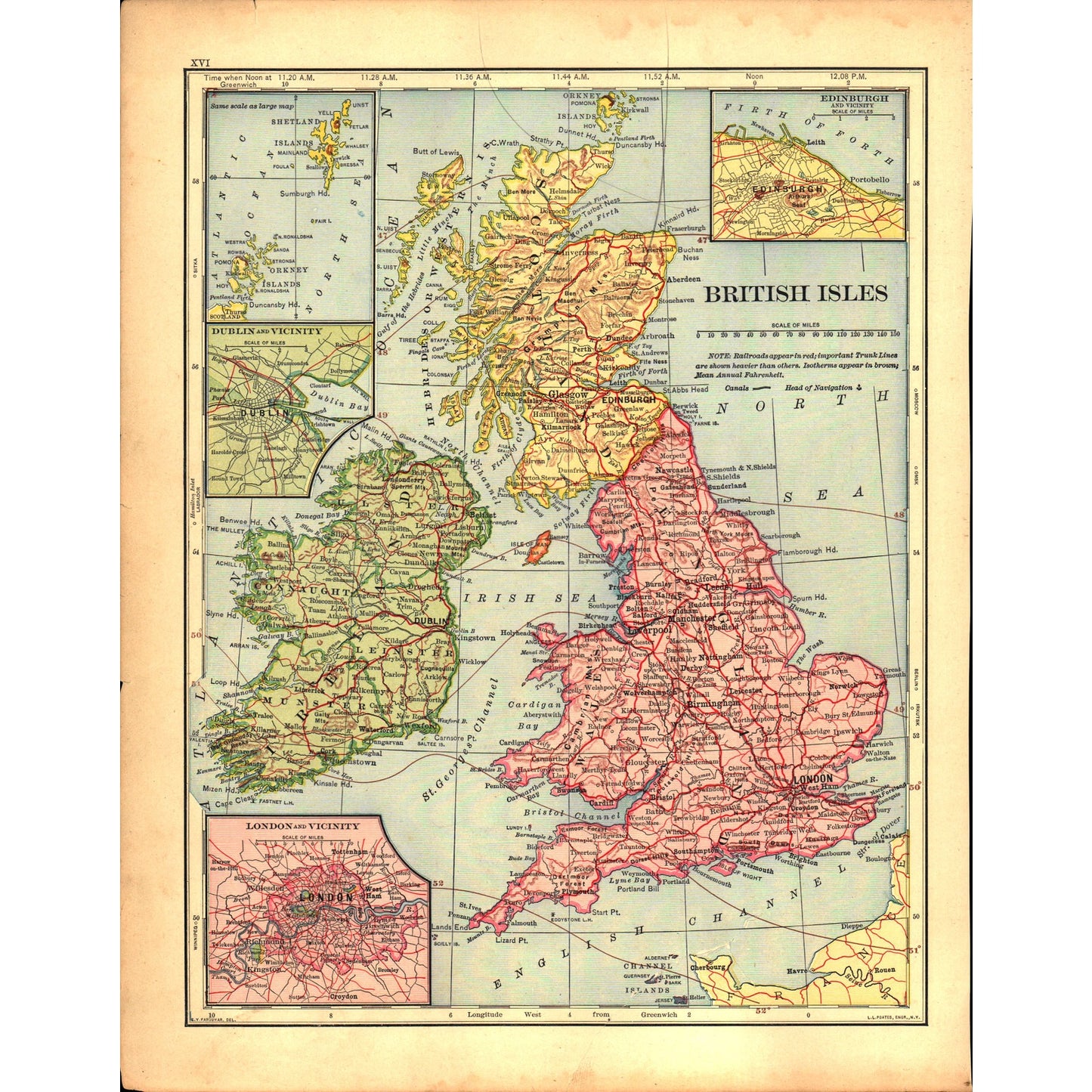 British Isles and Central Europe Map 1901 Original Engraving V1-1