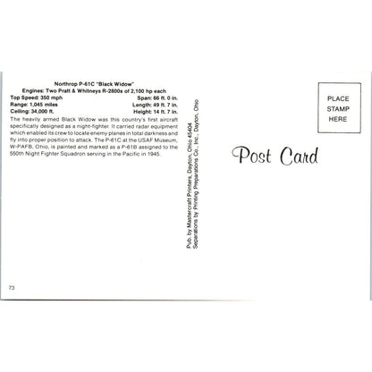 Northrop P-61C Black Widow Vintage Postcard TG8-PC