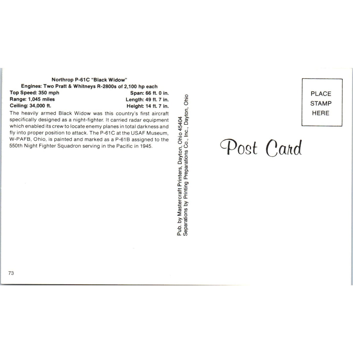 Northrop P-61C Black Widow Vintage Postcard TG8-PC