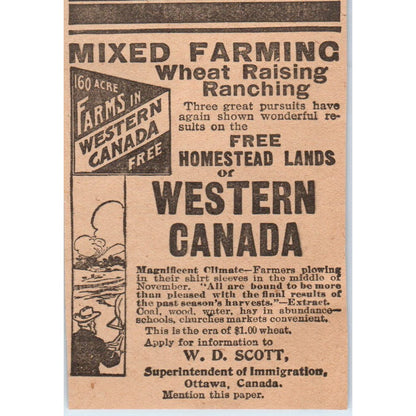 Canadian Farming Immigration W.D. Scott Ottawa 1905 Magazine Ad AF1-NH3