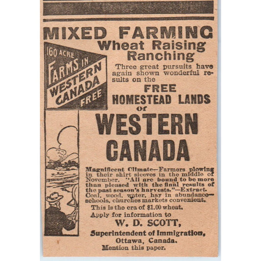 Canadian Farming Immigration W.D. Scott Ottawa 1905 Magazine Ad AF1-NH3