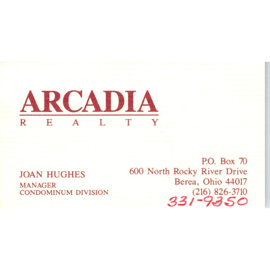 Joan Hughes Arcadia Realty Berea Ohio Vintage Business Card SD8-B2