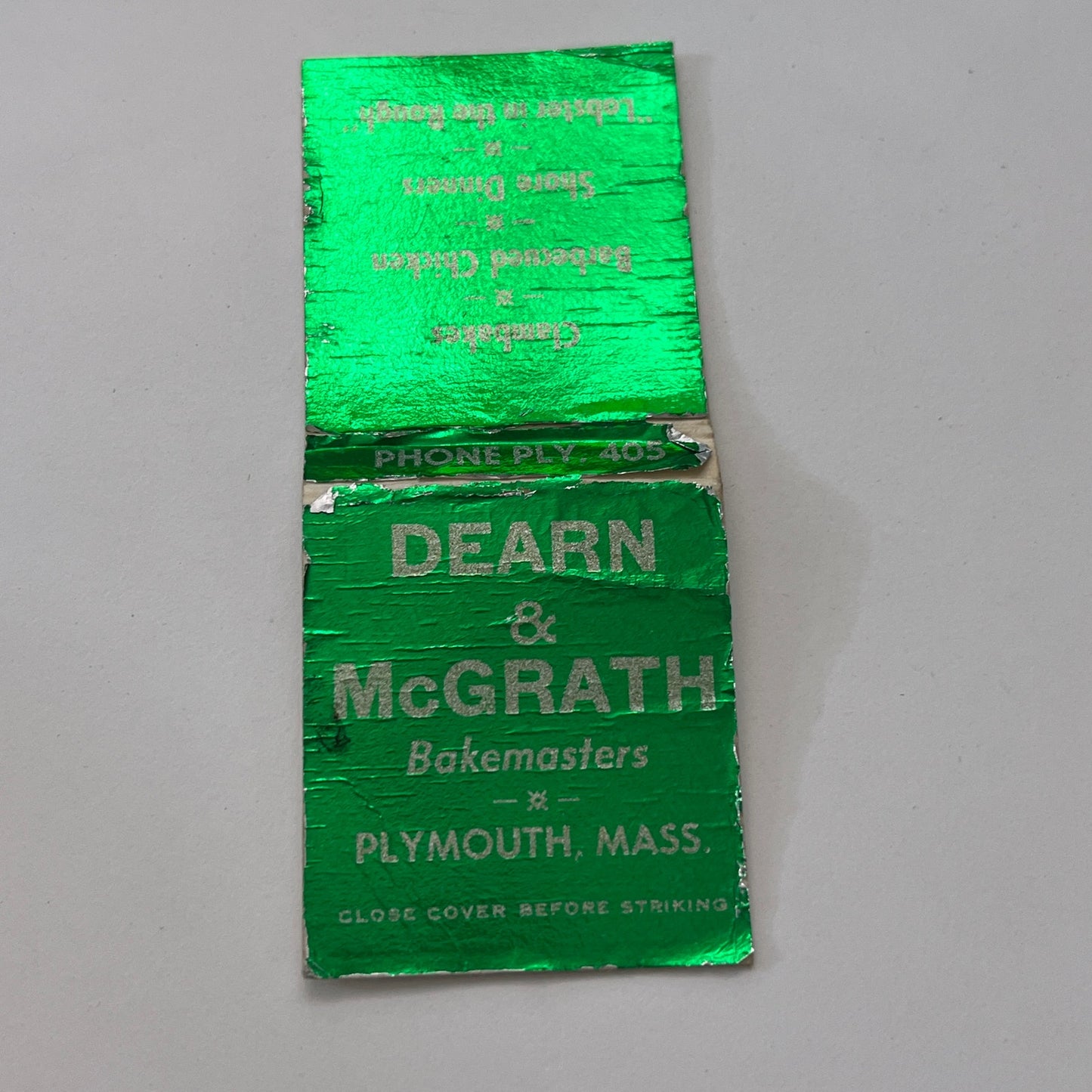 Dearn & McGrath Bakemasters Plymouth MA Vintage Matchbook Cover TB8-MB-12