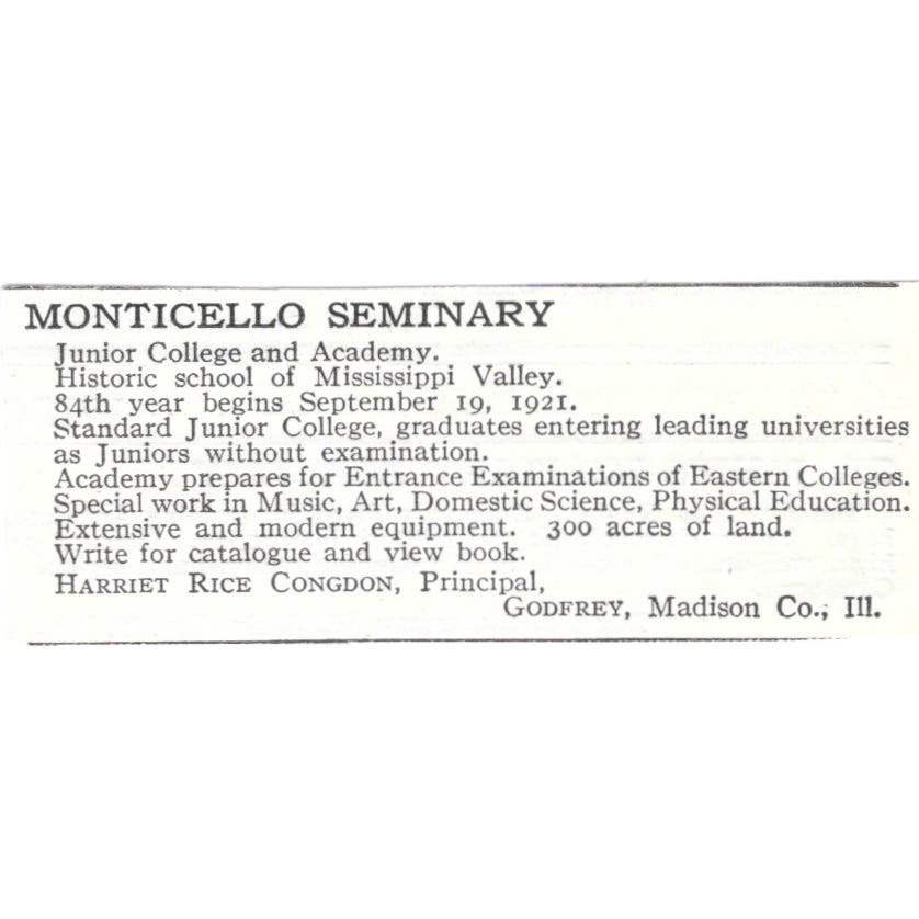 Monticello Seminary Harriet Rice Congdon Godfrey IL c1918 Advertisement AE5-SV3