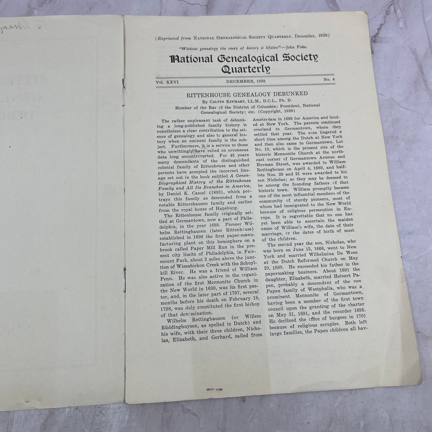 1930s Rittenhouse Genealogy Debunked Leaflet - Calvin Kephart D22