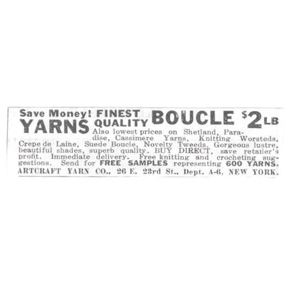 Artcraft Yarn Co. Finest Quality Boucle New York NY 1936 Ad SAG4-S12