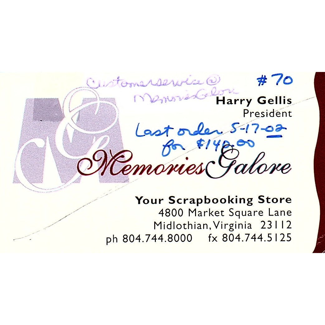 Memories Galore Scrapbooking Harry Gellis Midlothian VA Business Card SC9-B10