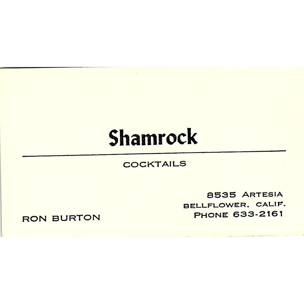 Shamrock Cocktails Ron Burton Bellflower CA Vintage Business Card SD9-B5