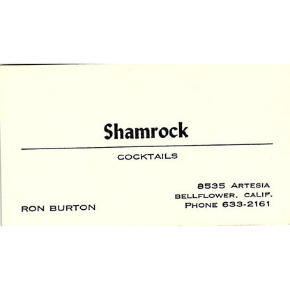 Shamrock Cocktails Ron Burton Bellflower CA Vintage Business Card SD9-B5