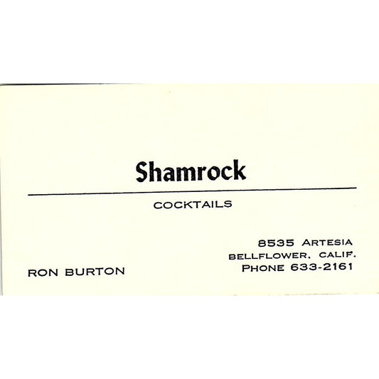 Shamrock Cocktails Ron Burton Bellflower CA Vintage Business Card SD9-B5