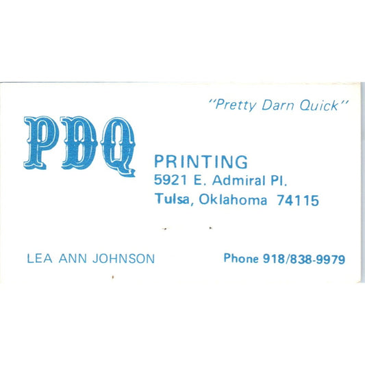 PDQ Printing Lea Ann Johnson Tulsa OK Vintage Business Card SD4-B3