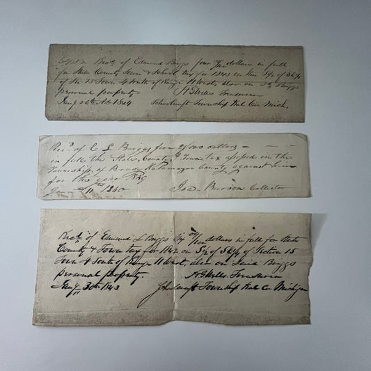 Edmund L. Briggs Brady Twp MI 1840-1844 Lot of 3 Original Handwritten Stubs K23