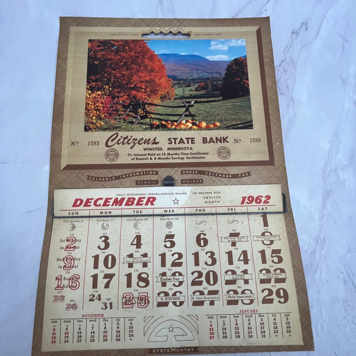 1962 Citizens State Bank Calendar Winsted MN V23
