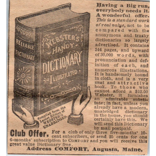 Webster's Dictionary Promo Comfort Augusta Maine 1910 Magazine Ad AF1-CM2