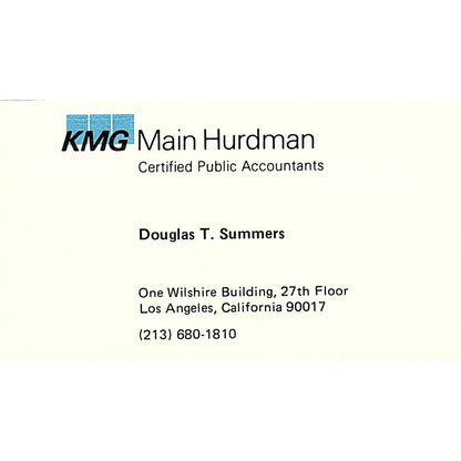 Douglas T Summers KMG Main Hurdman CPA Los Angeles Vintage Business Card SD9-B1