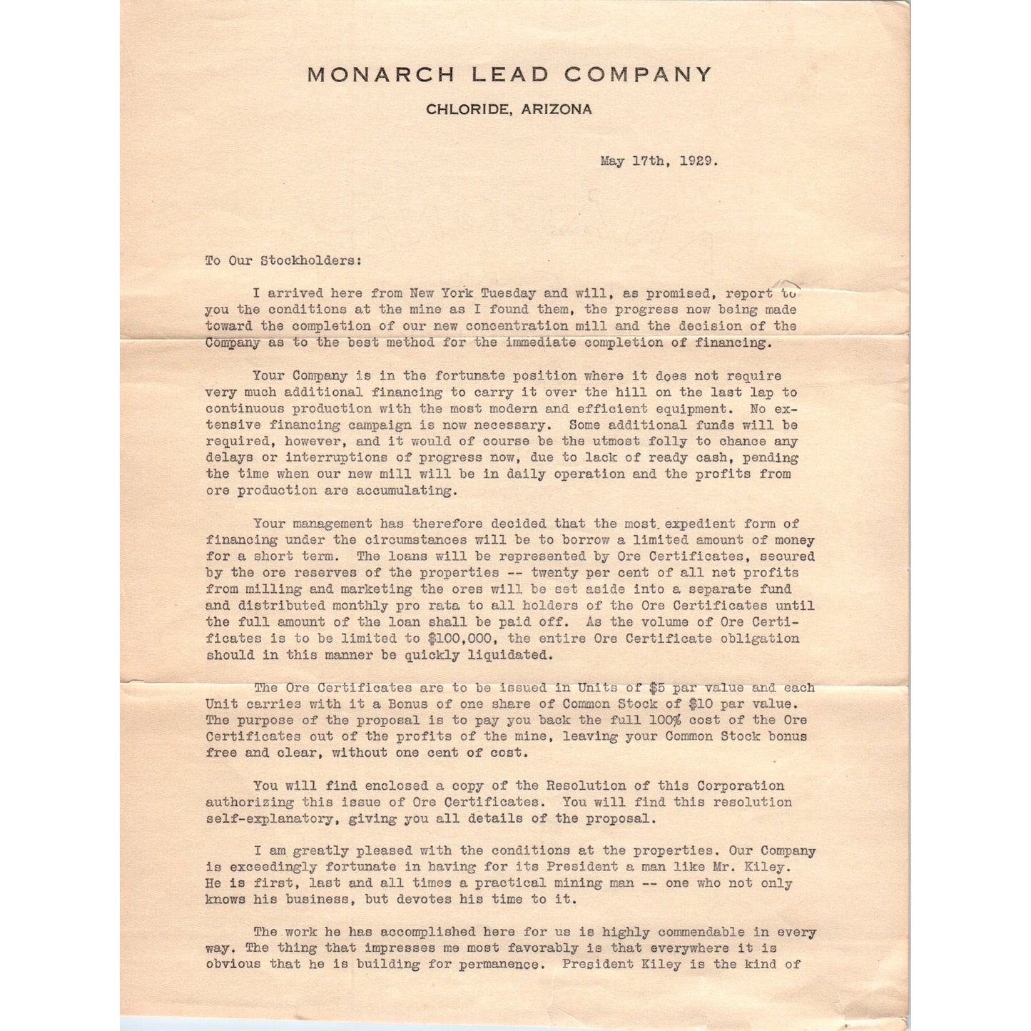 1929 Monarch Lead Company Chloride Arizona Letter to Stockholders D23