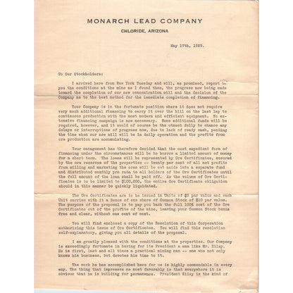 1929 Monarch Lead Company Chloride Arizona Letter to Stockholders D23