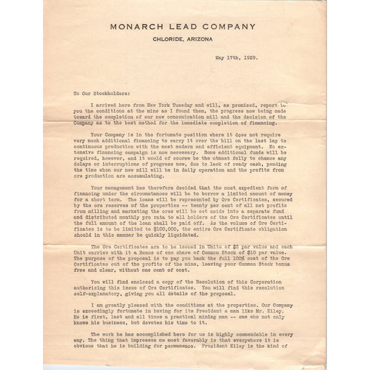 1929 Monarch Lead Company Chloride Arizona Letter to Stockholders D23