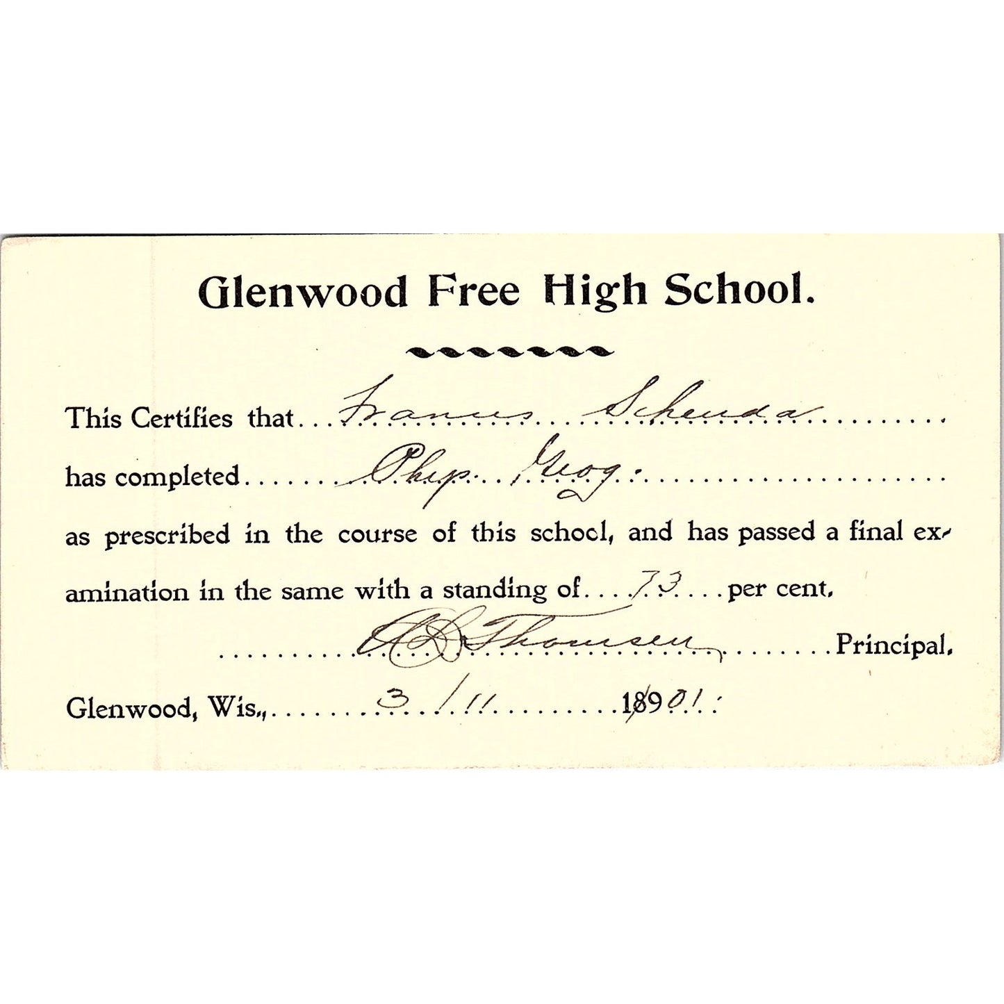 Glenwood Free High School Report Card Frances Schuda Glenwood WI AF9-H1
