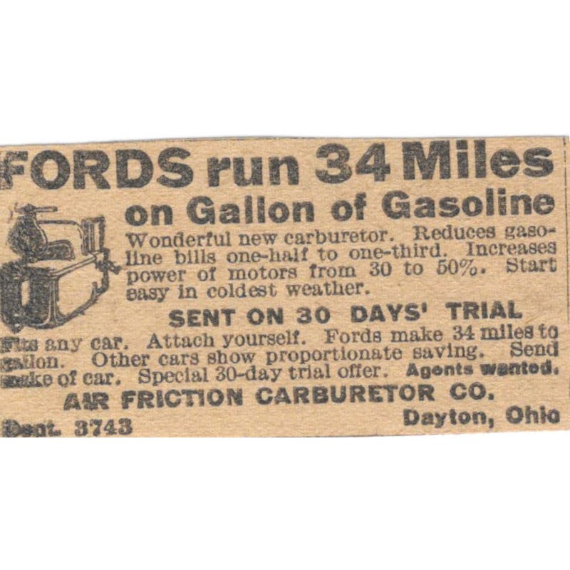 Air Friction Carburetor Co Dayton Ohio Gas Mileage 1923 Magazine Ad Clip AE1-7