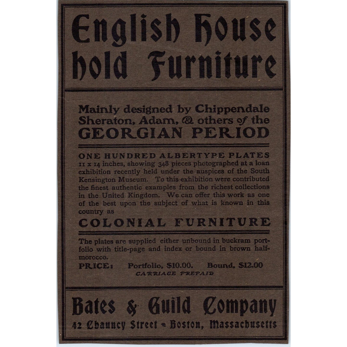 Bates & Guild Co English House Hold Furniture Boston c1905 Victorian Ad D13