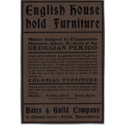 Bates & Guild Co English House Hold Furniture Boston c1905 Victorian Ad D13