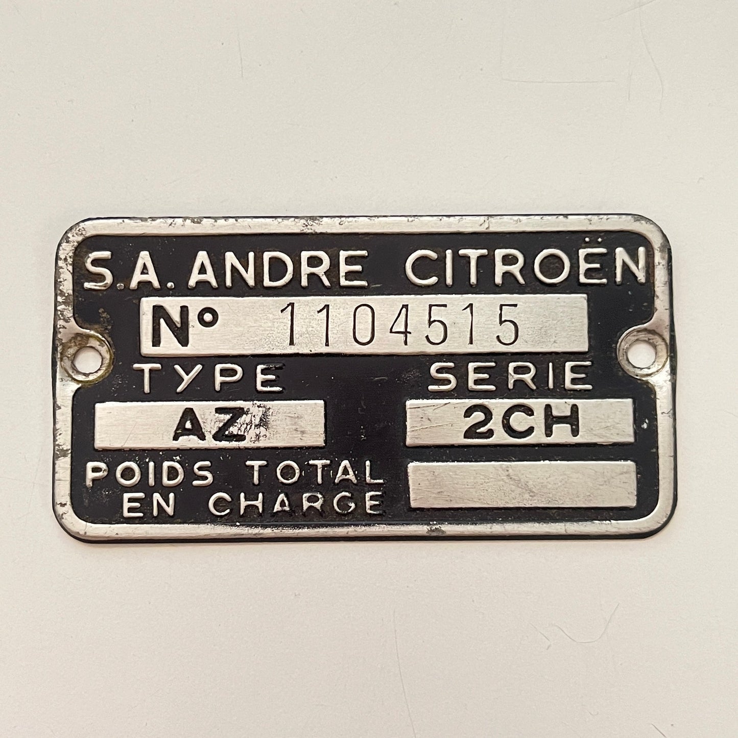 Vintage S.A. Andre Citroën AZ 2CH ID Name Plate Chassis FR Auto SB2