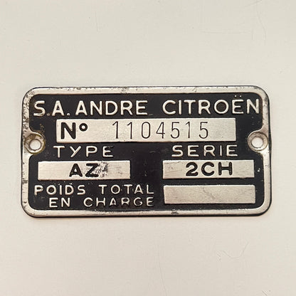 Vintage S.A. Andre Citroën AZ 2CH ID Name Plate Chassis FR Auto SB2