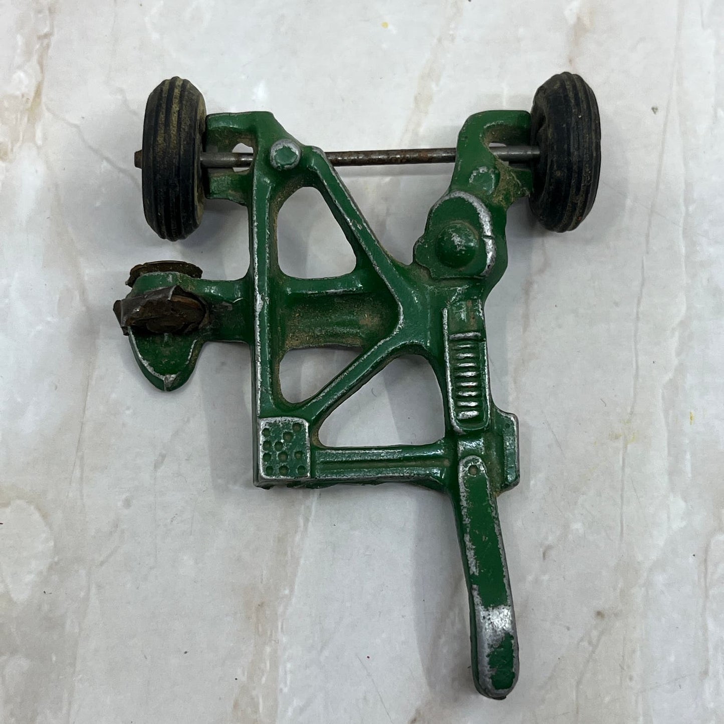 Vtg Sickle Bar Pull Behind mower Metal toy green 9826 Rubber Wheels 3.5” TH5