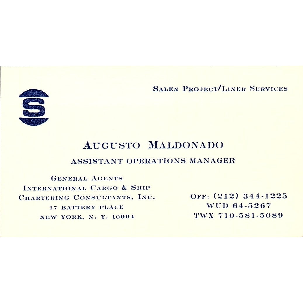 Augusto Maldonado International Cargo & Ship NY Vintage Business Card SC9-B2