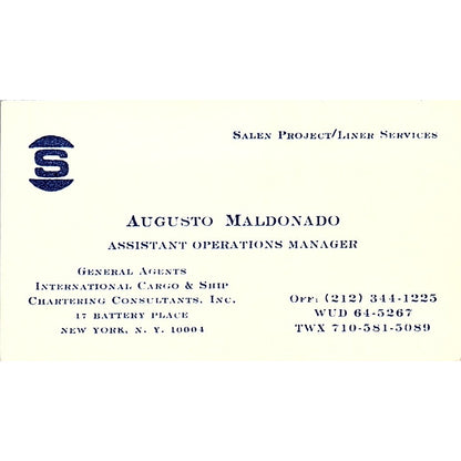Augusto Maldonado International Cargo & Ship NY Vintage Business Card SC9-B2