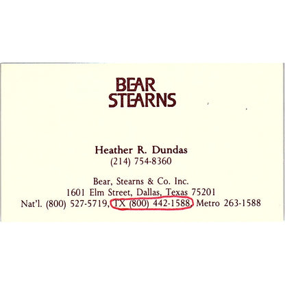 Bear Stearns Heather R. Dundas Dallas Texas Vintage Business Card SF3-B4