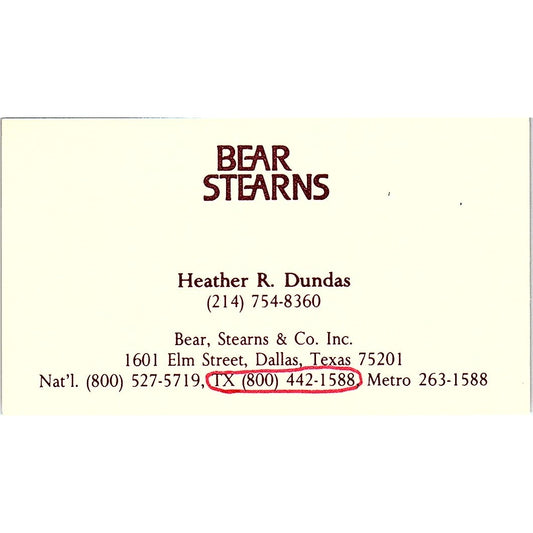 Bear Stearns Heather R. Dundas Dallas Texas Vintage Business Card SF3-B4