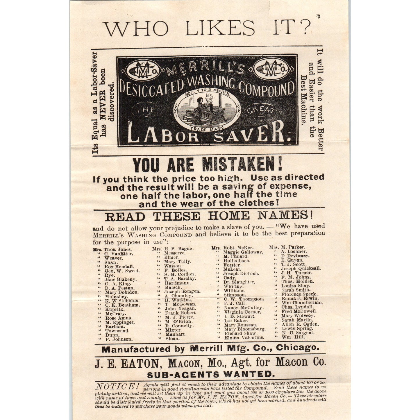 c1910 Merrill's Desiccated Washing Compound JE Eaton Macon County Leaflet AD8-R7