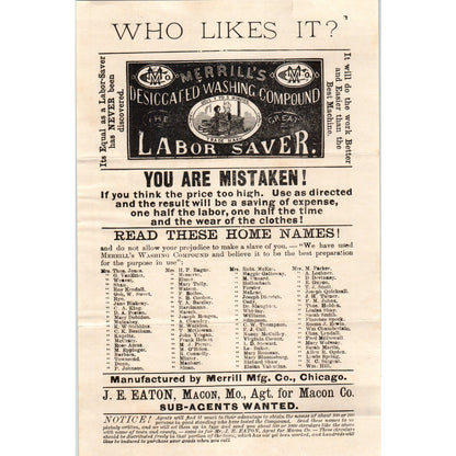 c1910 Merrill's Desiccated Washing Compound JE Eaton Macon County Leaflet AD8-R7