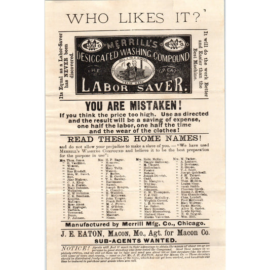 c1910 Merrill's Desiccated Washing Compound JE Eaton Macon County Leaflet AD8-R7