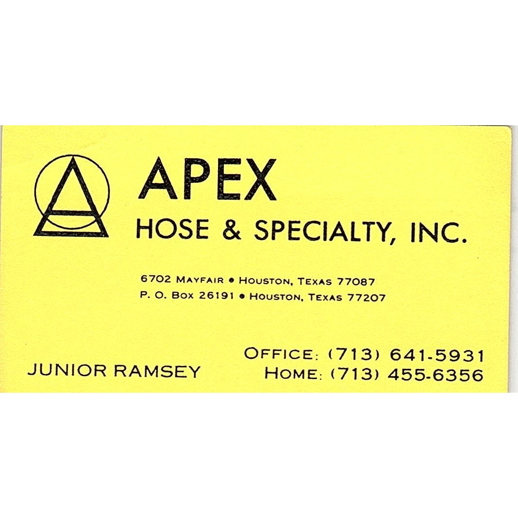 Apex Hose & Specialty INC Junior Ramsey Houston TX Vintage Business Card SB4-B8