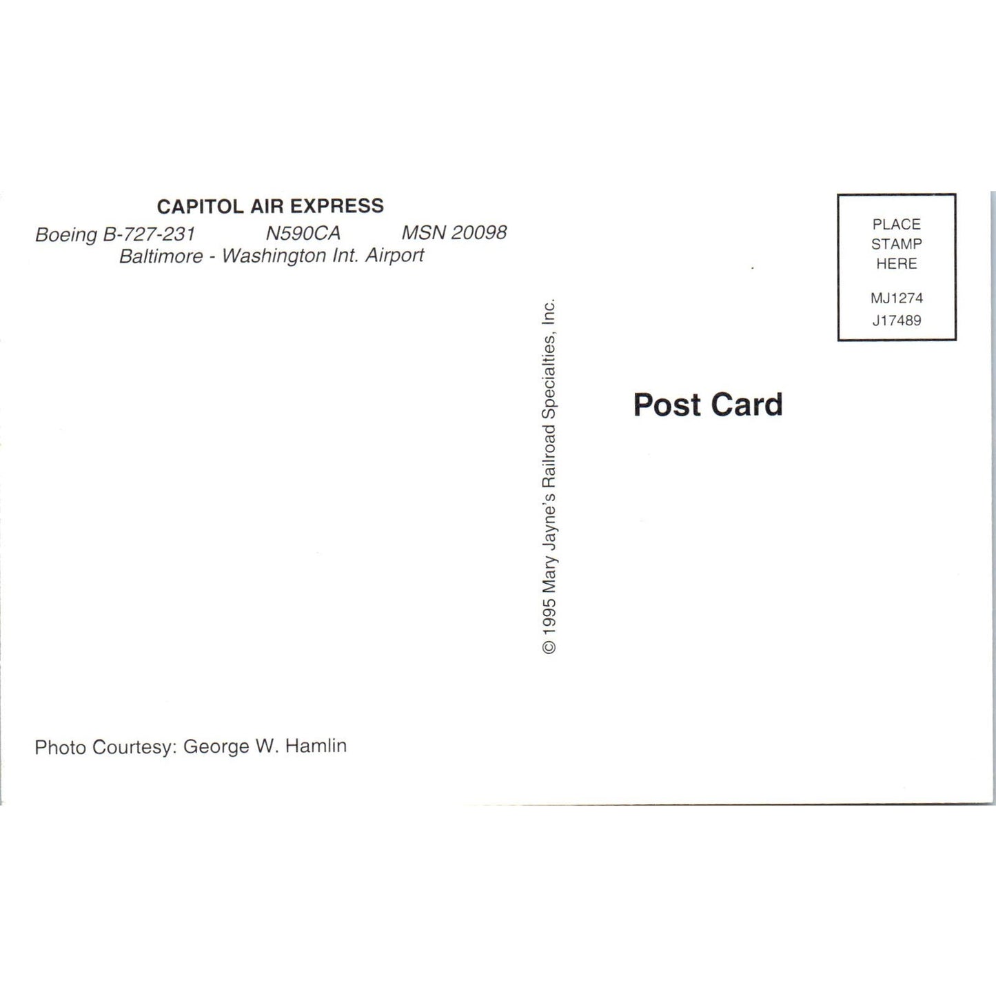 Capitol Air Express Boeing B-727-231 N590CA Vintage Postcard PC3