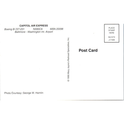 Capitol Air Express Boeing B-727-231 N590CA Vintage Postcard PC3