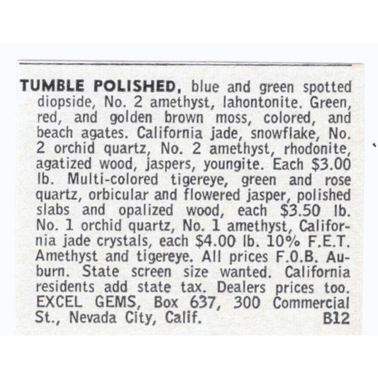 Excel Gems Tumble Polished Nevada City California 1964 Magazine Ad AK6-S8