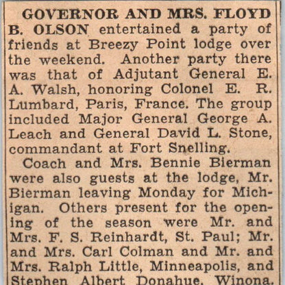 Governor & Mrs. Floyd B. Olson at Breezy Point Lodge 1935 News Article AE7-N6
