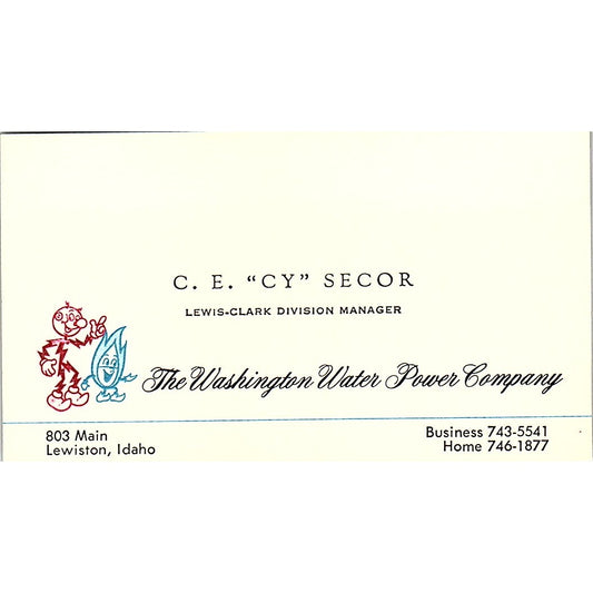 C.E. Cy Secor Washington Power Reddy Kilowatt Lewiston ID Business Card SC9-B13