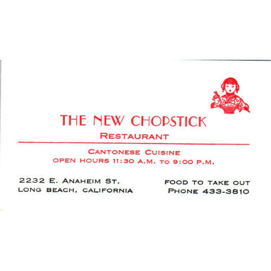 The New Chopstick Chinese Restaurant Long Beach CA Vintage Business Card SE3-B6