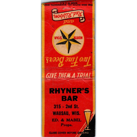 Rhyner's Bar Ed & Mabel Wausau WI Vintage Matchbook Cover SD4-Y17
