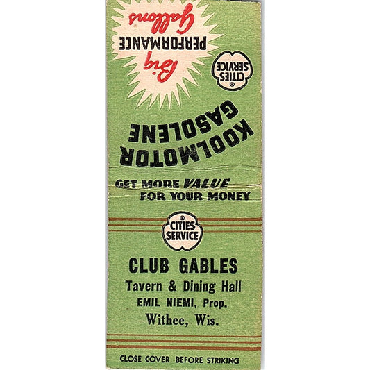 Club Gables Tavern Emil Niemi Withee WI Vintage Matchbook Cover SF3-Y2