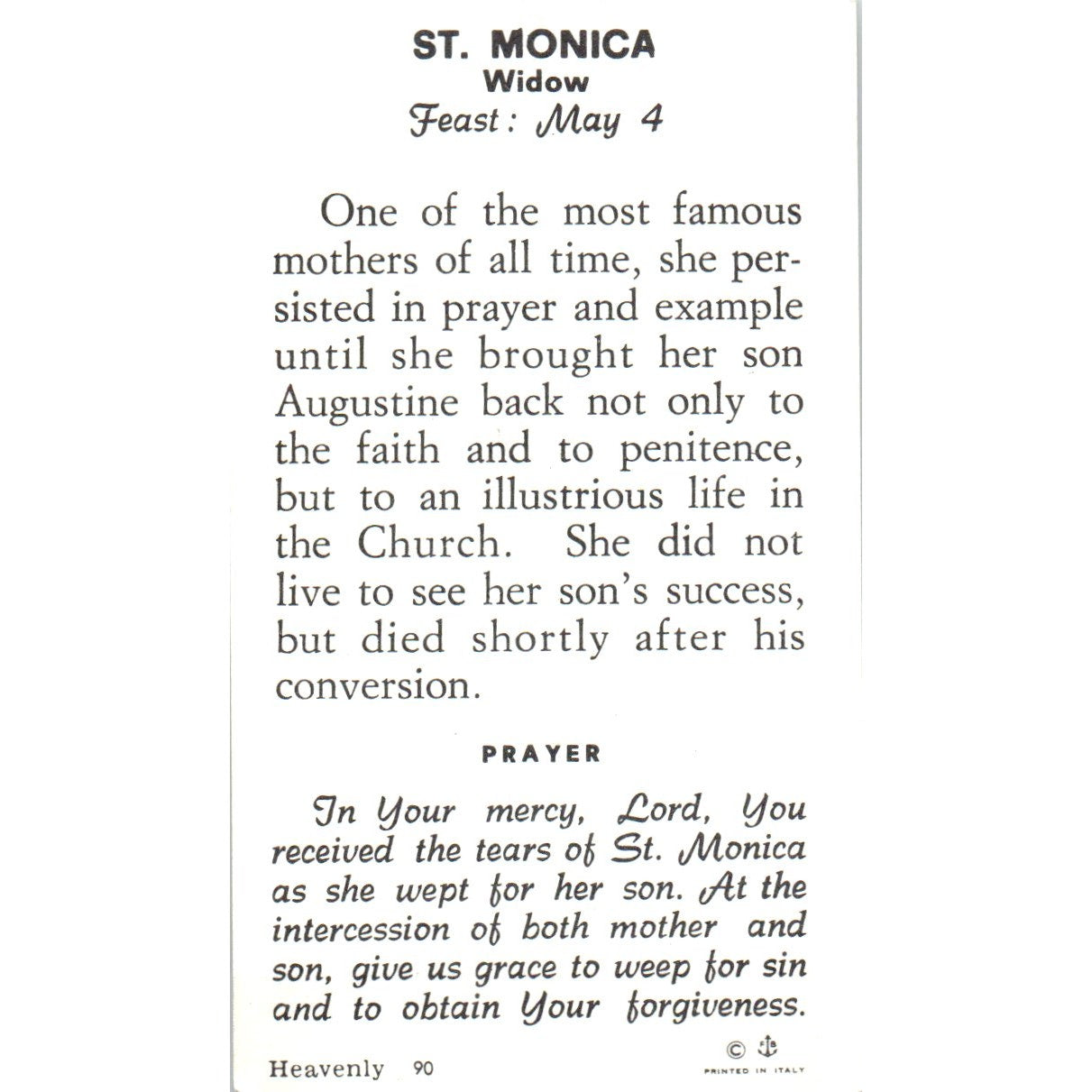 St. Monica Widow Vintage Catholic Prayer Card TH2-PC1