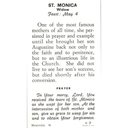 St. Monica Widow Vintage Catholic Prayer Card TH2-PC1