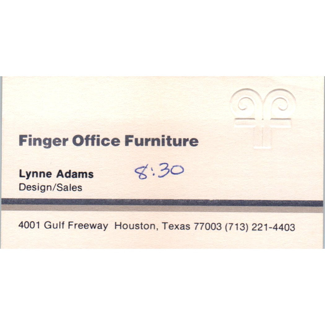 Lynne Adams Finger Office Furniture Houston Vintage Business Card SD8-B20