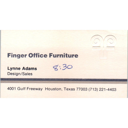 Lynne Adams Finger Office Furniture Houston Vintage Business Card SD8-B20